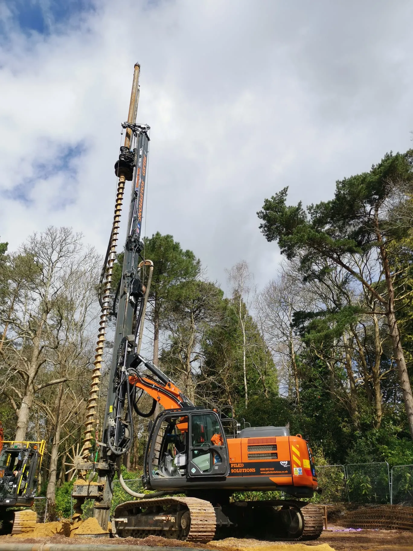 A crane is sitting in the middle of a forest.